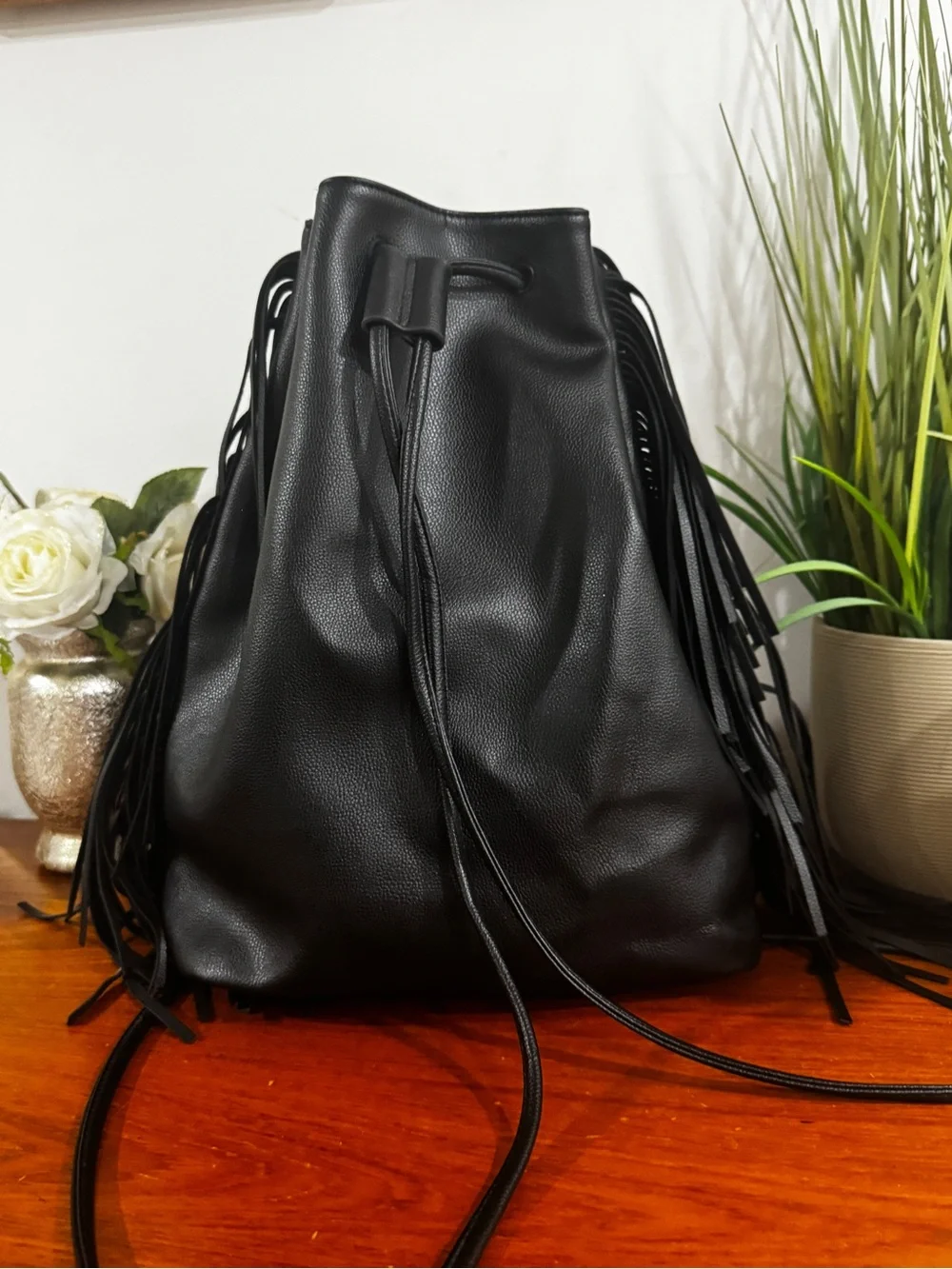 Victoria's Secret Black Fringe Drawstring Backpack